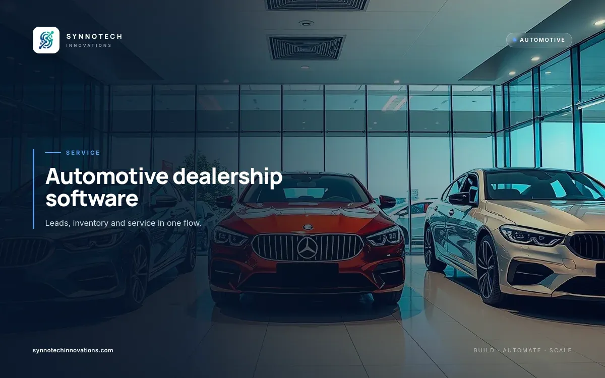 Automotive dealership software by Synnotech Innovations: Leads, inventory and service in one flow.