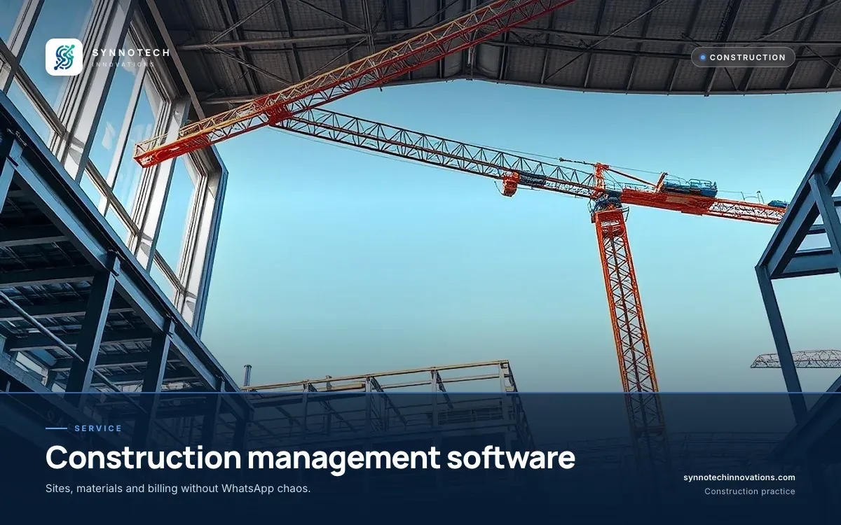 Construction management software by Synnotech Innovations: Sites, materials and billing without WhatsApp chaos.