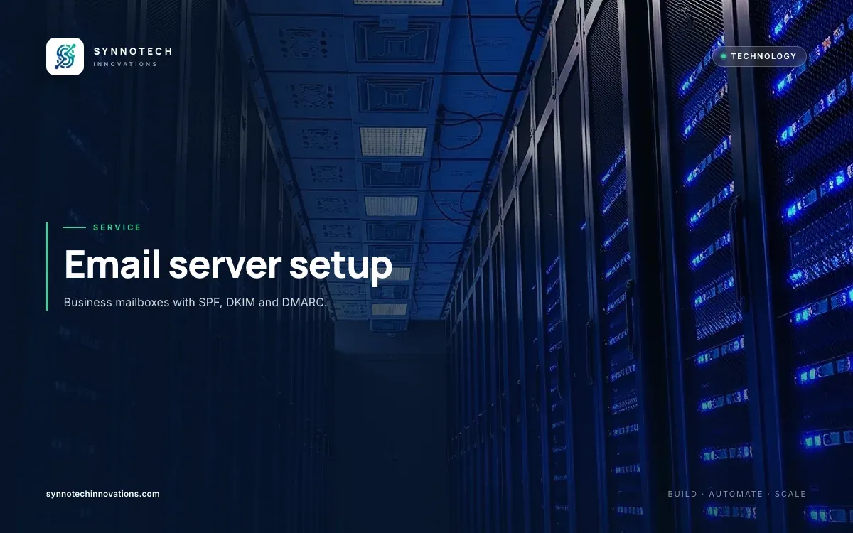 Email server setup by Synnotech Innovations: Business mailboxes with SPF, DKIM and DMARC.