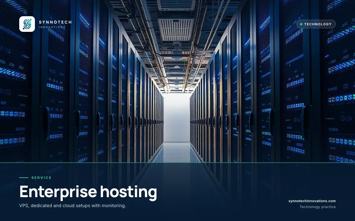 Enterprise hosting by Synnotech Innovations: VPS, dedicated and cloud setups with monitoring.