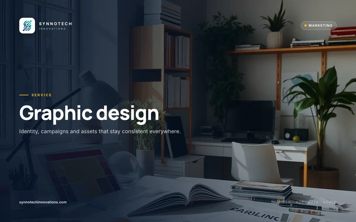 Graphic design by Synnotech Innovations: Identity, campaigns and assets that stay consistent everywhere.