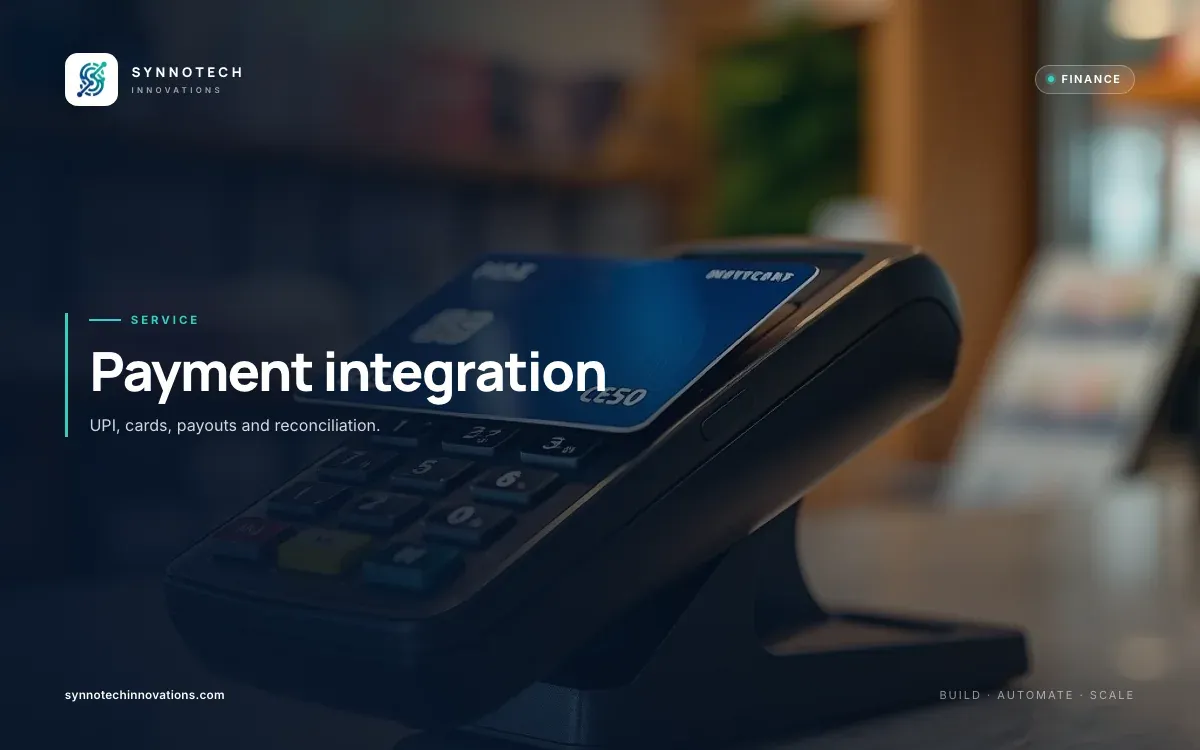 Payment integration by Synnotech Innovations: UPI, cards, payouts and reconciliation.